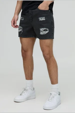 Boohoo Pantalón Corto Vaquero Ajustado Sin Tratar Con Estampado Bandana Y Salpicaduras De Pintura