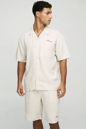 Boohoo Conjunto Oversize De Pantalón Corto Y Camisa De Lino Gruesa Con Bordado L