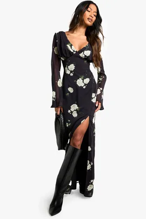 Boohoo Vestido Maxi Escotado De Chifón Con Estampado De Flores