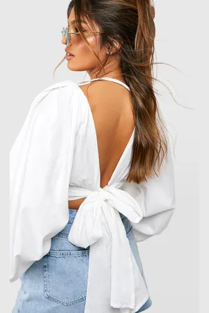 Boohoo Top Crop De Lino Con Atadura En La Espalda Y Mangas De Globo