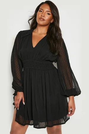 Boohoo Vestido Plus Skater De Manga Larga Y Dobby