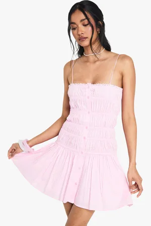 Boohoo Vestido Mini De Algodón Fruncido Palabra De Honor Con Botones