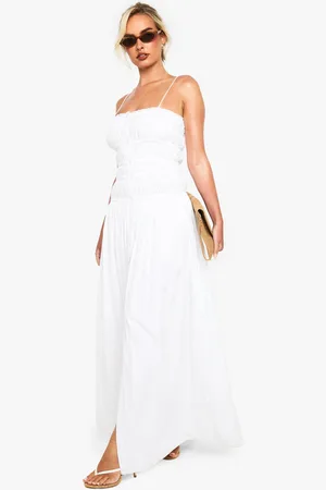 Boohoo Vestido Maxi De Algodón Fruncido Palabra De Honor Con Botones