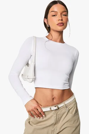 Boohoo Top Crop Básico De Manga Larga Con Cuello De Caja De