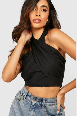 Boohoo Top Crop De Lino Con Escote Halter Y Atadura En La Espalda