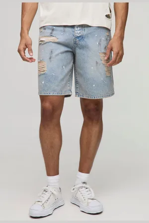 Boohoo Pantalones Cortos Vaqueros Holgados Sin Tratar Rotos Con Salpicaduras De Pintura En Claro
