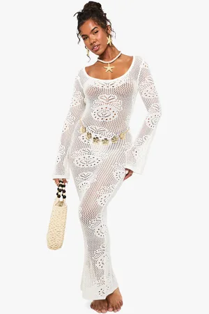 Boohoo Long Sleeve Crochet Beach Dress