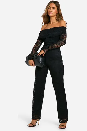 Boohoo Mono Largo De Pernera Ancha Y Encaje Con Escote Bardot