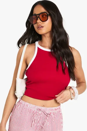 Boohoo Top Sin Mangas De Canalé Con Escote Estilo Nadador Y Unión En Contraste