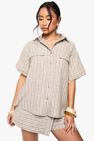 Boohoo Camisa De Manga Corta De Tela Efecto Lino Con Rayas