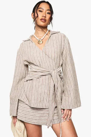 Boohoo Blusa Efecto Lino Cruzada De Rayas Con Atadura