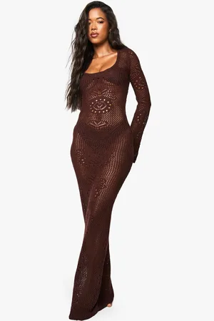 Boohoo Long Sleeve Crochet Beach Dress