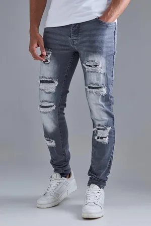 Boohoo Vaqueros Pitillo Desgastados Grises Con Pernera Plisada