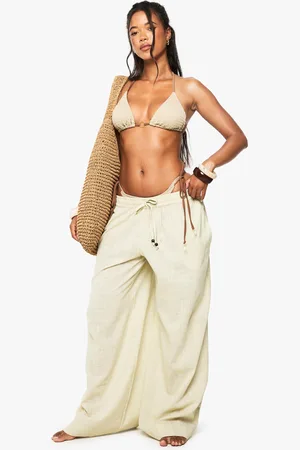 Boohoo Pantalón Para La Playa De Pernera Ancha Y Lino Con Cuentas