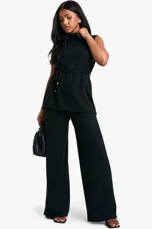 Boohoo Pantalón De Pernera Ancha Y Top Túnica Cardado Con Cinturón Y Atadura