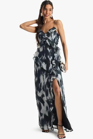 Boohoo Vestido Maxi De Chifón Fruncido Con Volante Y Estampado Abstracto