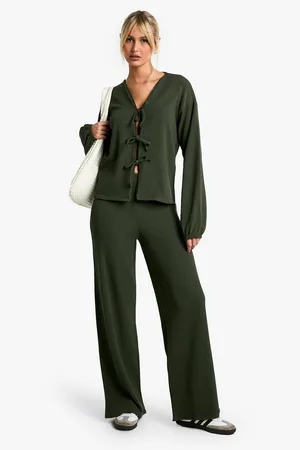 Boohoo Conjunto Coordinado De Pantalón Y Blusa De Canalé Con Atadura Frontal