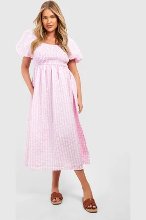 Boohoo Vestido Plus Miidi Texturizado De Cuadros Vichy Con Mangas Abullonadas