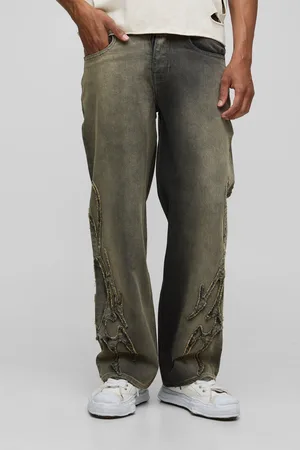 Boohoo Vaqueros Holgados Con Apliques Desteñidos Tribales Verdes