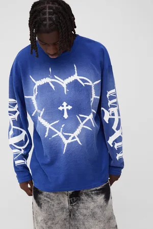Boohoo Camiseta Oversize De Manga Larga Y Tela Rizo Con Estampado De Corazones Y Lavado A La Piedra