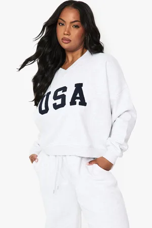 Boohoo Sudadera Plus Oversize Con Cuello De Pico Y Estampado Usa