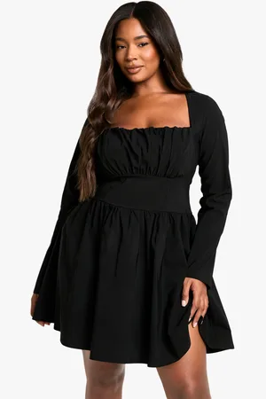 Boohoo Vestido Plus Skater De Manga Larga Estilo Corsé De Bengalina