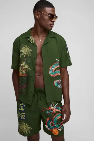 Boohoo Conjunto Oversize Efecto Lino De Camisa Y Pantalón Corto Con Estampado De Dragón