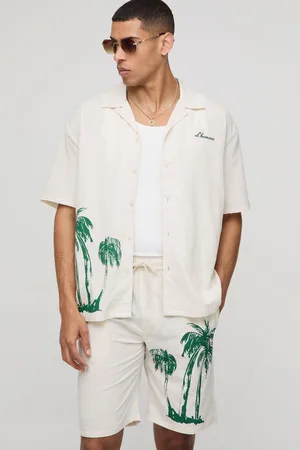 Boohoo Conjunto Oversize De Pantalón Corto Y Camisa Efecto Lino Con Estampado De Palmeras
