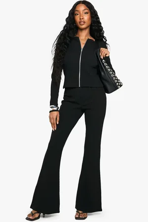 Boohoo Pantalón De Campana Y Top De Canalé Con Cremallera En Dos Tonos