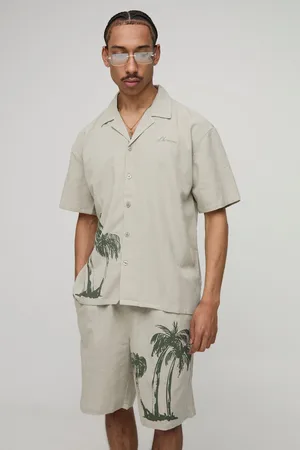 Boohoo Conjunto Oversize De Pantalón Corto Y Camisa Efecto Lino Con Estampado De Palmeras
