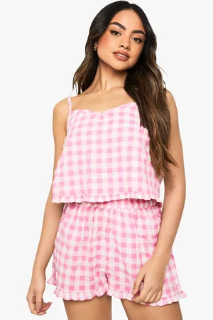 Boohoo Seersucker Gingham Ruffle Short And Cami Pyjama Set