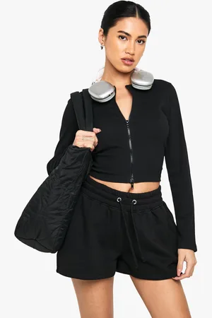 Boohoo Chándal De Pantalón Corto Y Top De Manga Larga Y Canalé Con Cremallera Doble