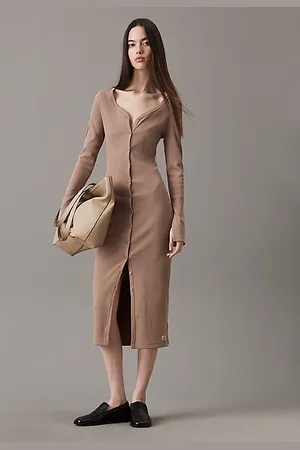 Calvin Klein Vestido largo slim de canalé con botones