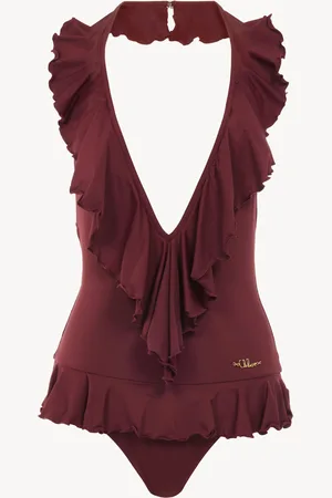 Chloé Bañador de una pieza con cuello en V y volantes Rojo