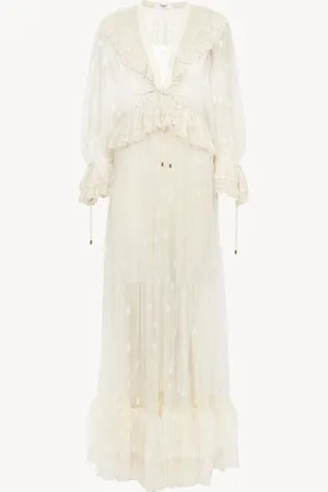 Chloé Vestido largo fruncido de encaje bordado con escote en V