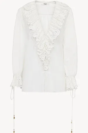Chloé Top con cuello en V con mangas abullonadas de velo de algodón