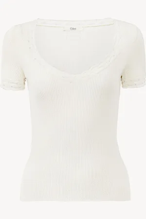 Chloé Top ajustado con cuello redondo de punto de lana y encaje