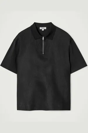 COS CONTRAST-PANEL LINEN HALF-ZIP POLO SHIRT