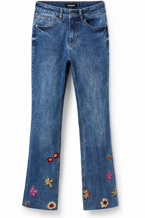 Desigual Vaqueros Flare cropped bordado flores - - 34