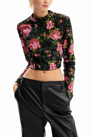 Desigual Blusa cropped rosas lentejuelas M. Christian Lacroix - - L