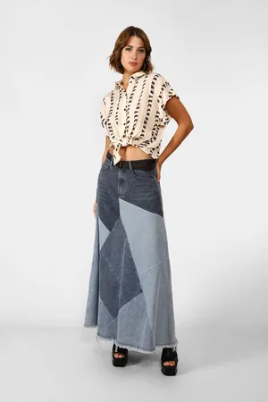 Dixie Falda larga vaquera con estampado geométrico multicolor y bordes deshilachados