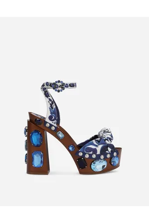 Dolce & Gabbana Sandalia De Plataforma En Lona Con Estampado De Mayólica Y Piedras - Mujer Sandalias Y Cuñas 40