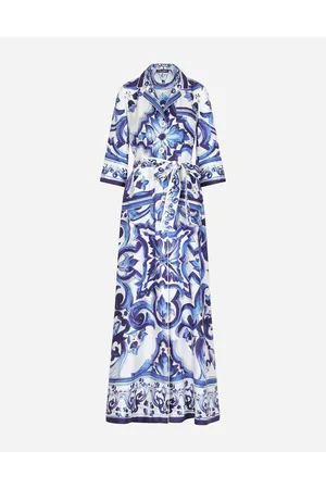 Dolce & Gabbana Vestido Camisero Largo De Sarga Con Estampado De Mayólica - Mujer Abrigos Y Chaquetones Azul Seda 36