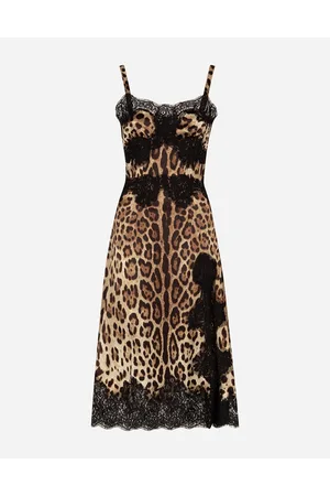 Dolce & Gabbana Vestido Midi De Lencería En Raso Con Estampado De Leopardo Y Bordes En Encaje - Mujer Vestidos Estampado Animal Algod�n 36