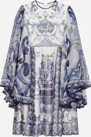 Dolce & Gabbana Vestido Largo De Chifón Con Estampado De Mayólica - Mujer Vestidos Azul Seda 4 Years