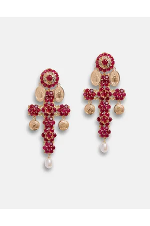 Dolce & Gabbana Family Yellow Gold Cross Pendant Earrings With Rubies - Mujer Pendientes Dorado Onesize