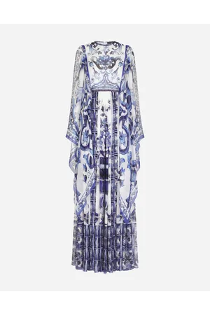 Dolce & Gabbana Vestido Largo De Chifón Con Estampado De Mayólica - Mujer Vestidos Azul Seda 42