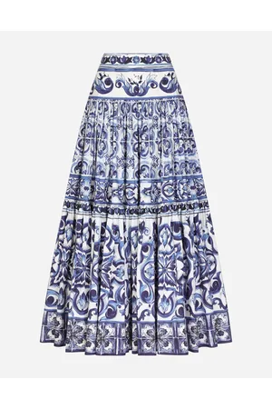 Dolce & Gabbana Falda Larga De Popelina Con Estampado De Mayólica - Mujer Faldas Azul Algod�n 36
