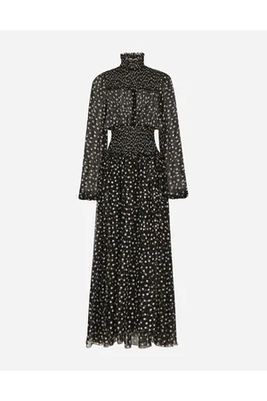 Dolce & Gabbana Vestido Longuette Con Punto Smock De Chifón Con Estampado De Micropuntos - Mujer Vestidos 38
