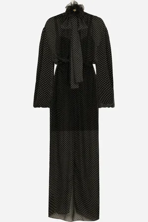 Dolce & Gabbana Vestido Largo En Chifón De Seda Con Estampado De Lunares Con Lazada Y Flor En El Cuello - Mujer Vestidos 36
